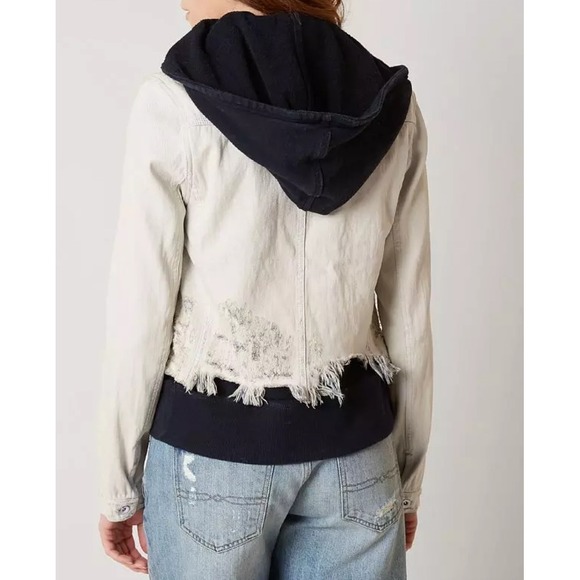 Free People Women's Denim JeanJacket Hooded Distressed Terry Lined Size S‎ - Picture 12 of 12